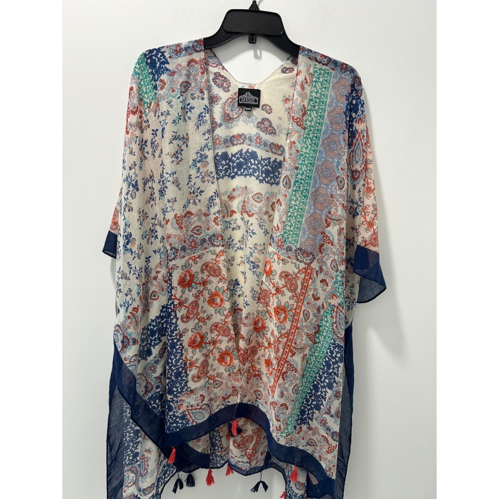 Angie Womens One Size Paisley Floral Patchwork Kimono Tassel Trim Wrap Navy Red